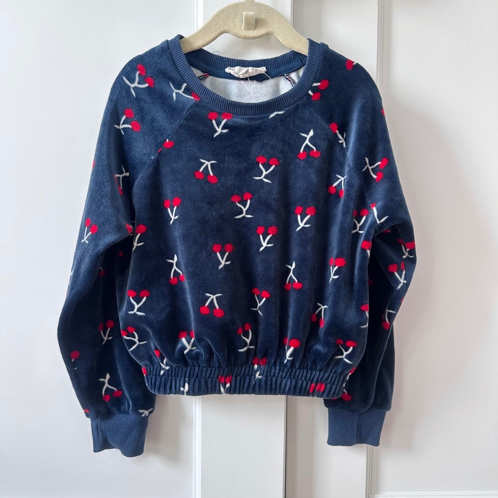 Jessica Simpson Girls Navy Blue Cherry Print Velour Sweatshirt Size 6 Y2K inspt